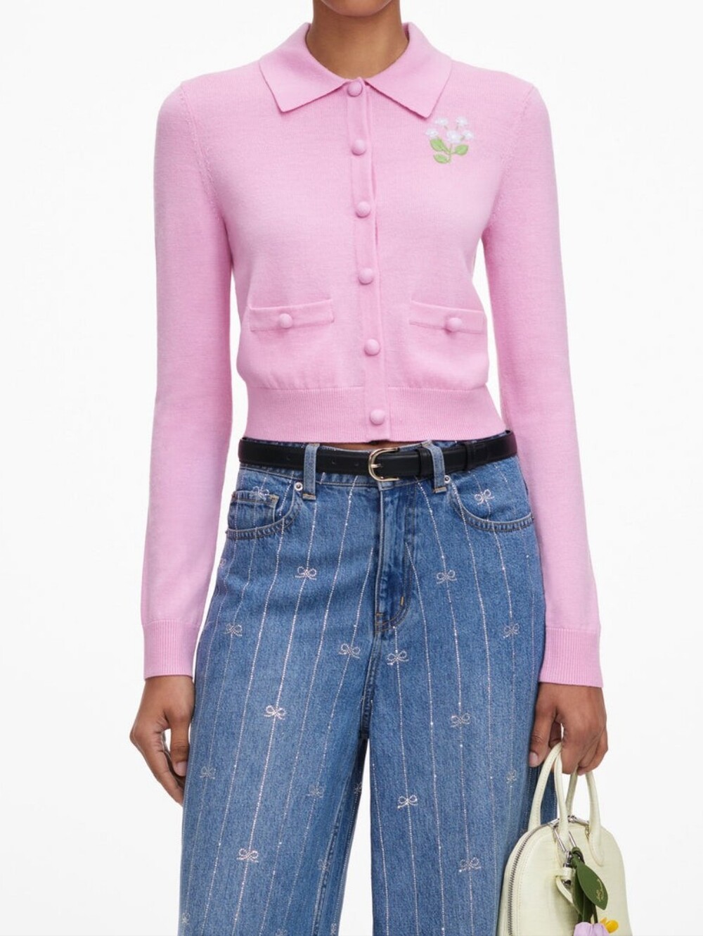 Self Portrait Pink Flower Embroidered Knit Cardigan